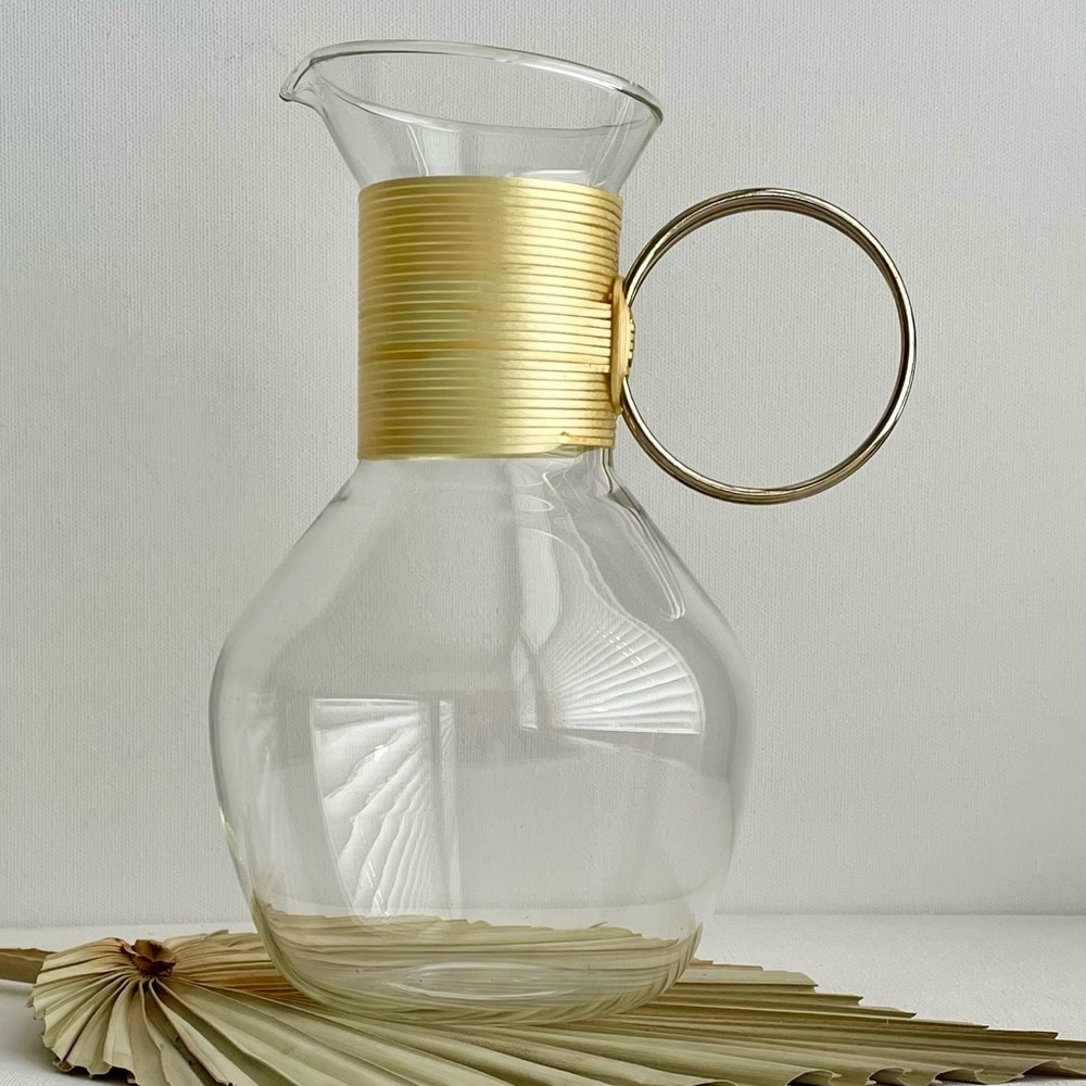 Vintage, MCM Minimalist Glass Carafe with Brass Handle